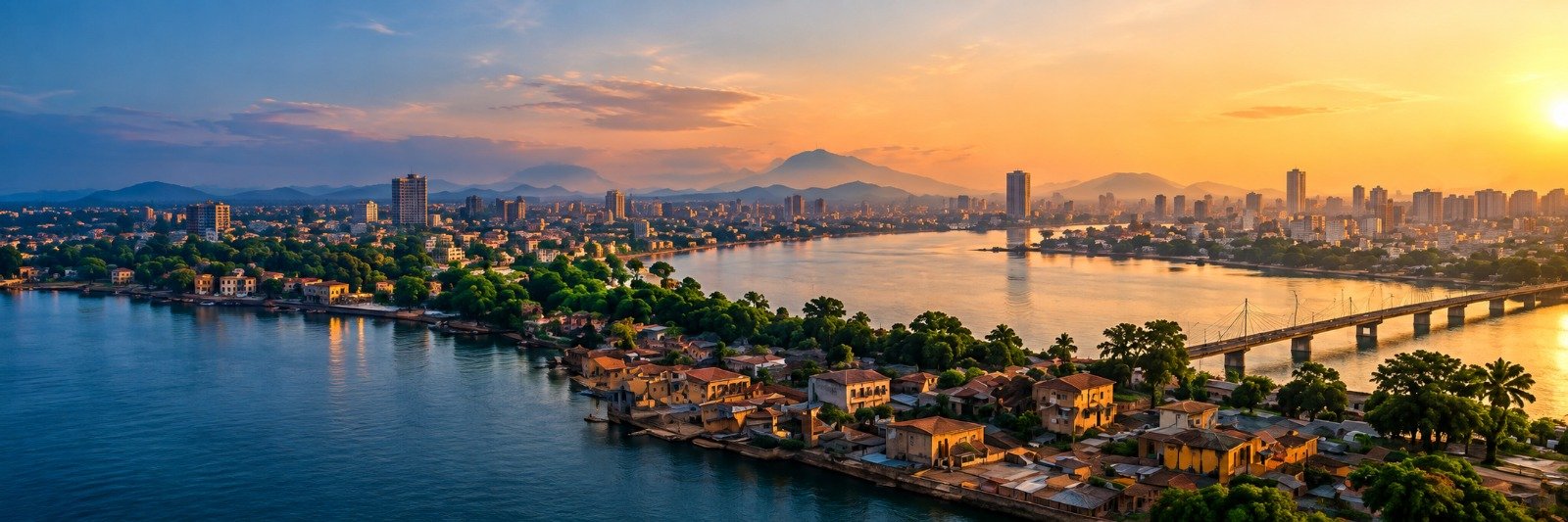 Vue panoramique d'une ville africaine au coucher du soleil