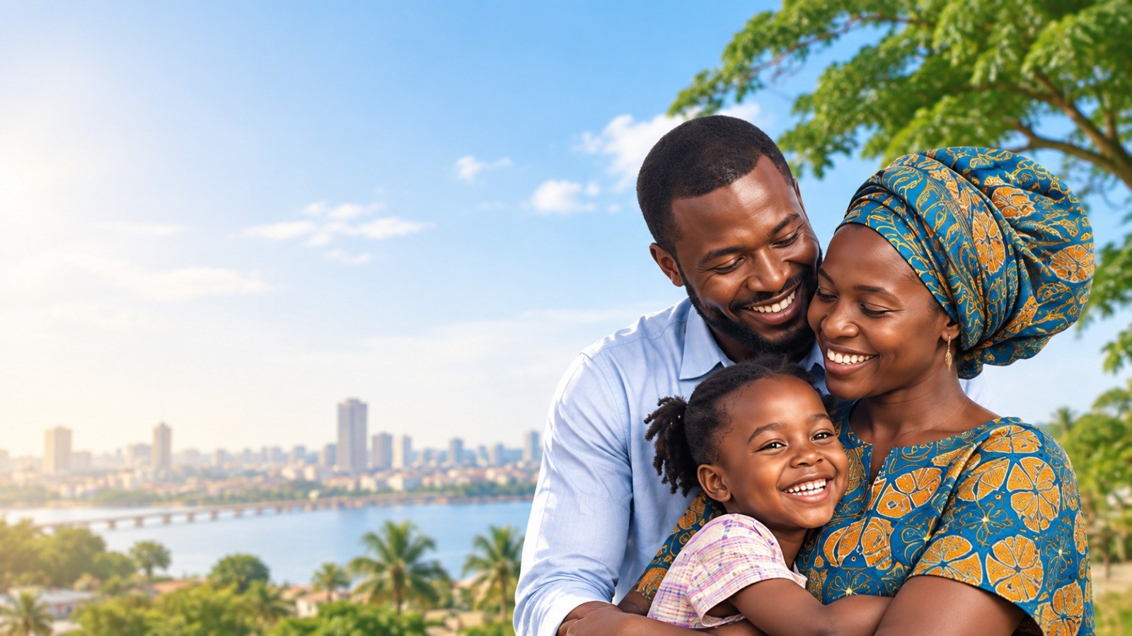Famille souriante, avec la ville en arrière-plan